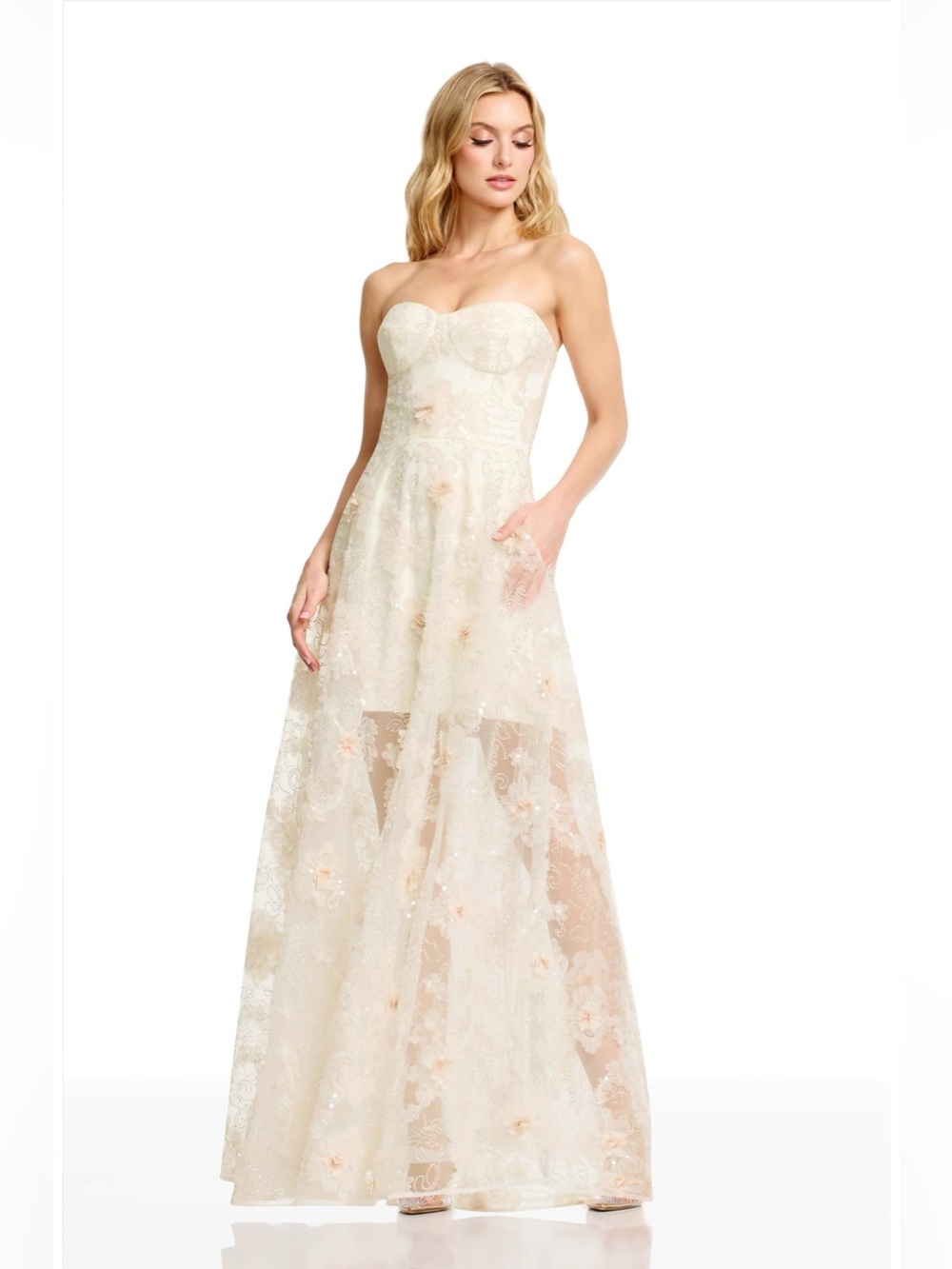 Dress the Population Connor Beaded Floral Strapless Gown Ivory Strapless Lace XL